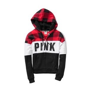 VS PINK Sherpa Lined Red Plaid Full-Zip Hoodie
